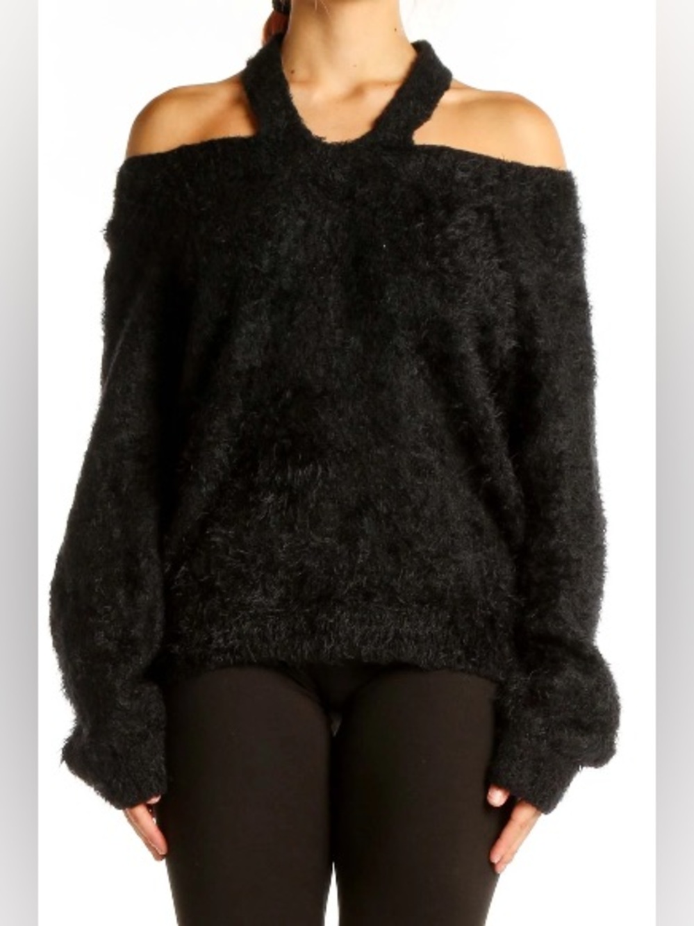Black Fuzzy Cold-Shoulder Halter Sweater Size XL